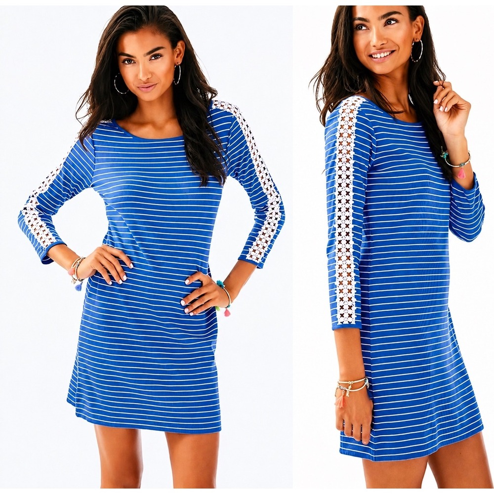 Lilly Pulitzer Marlowe Dress S Beckon Blue Stripe Crochet 3/4 Sleeve Coastal